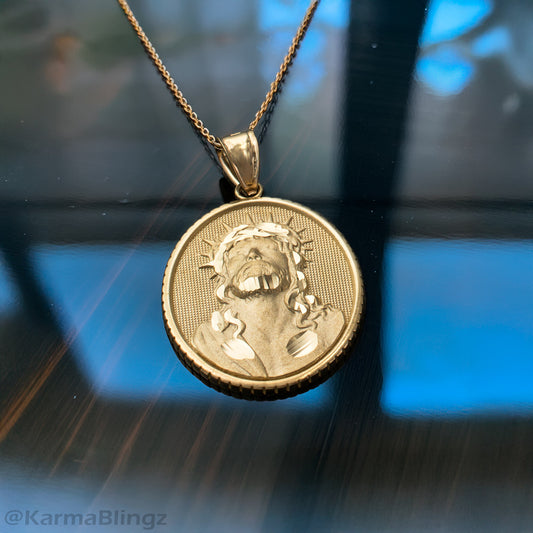 Gold Jesus Christ Oval Medallion Satin Finish DC Pendant Necklace, 10K/14K, Yellow, White, Rose