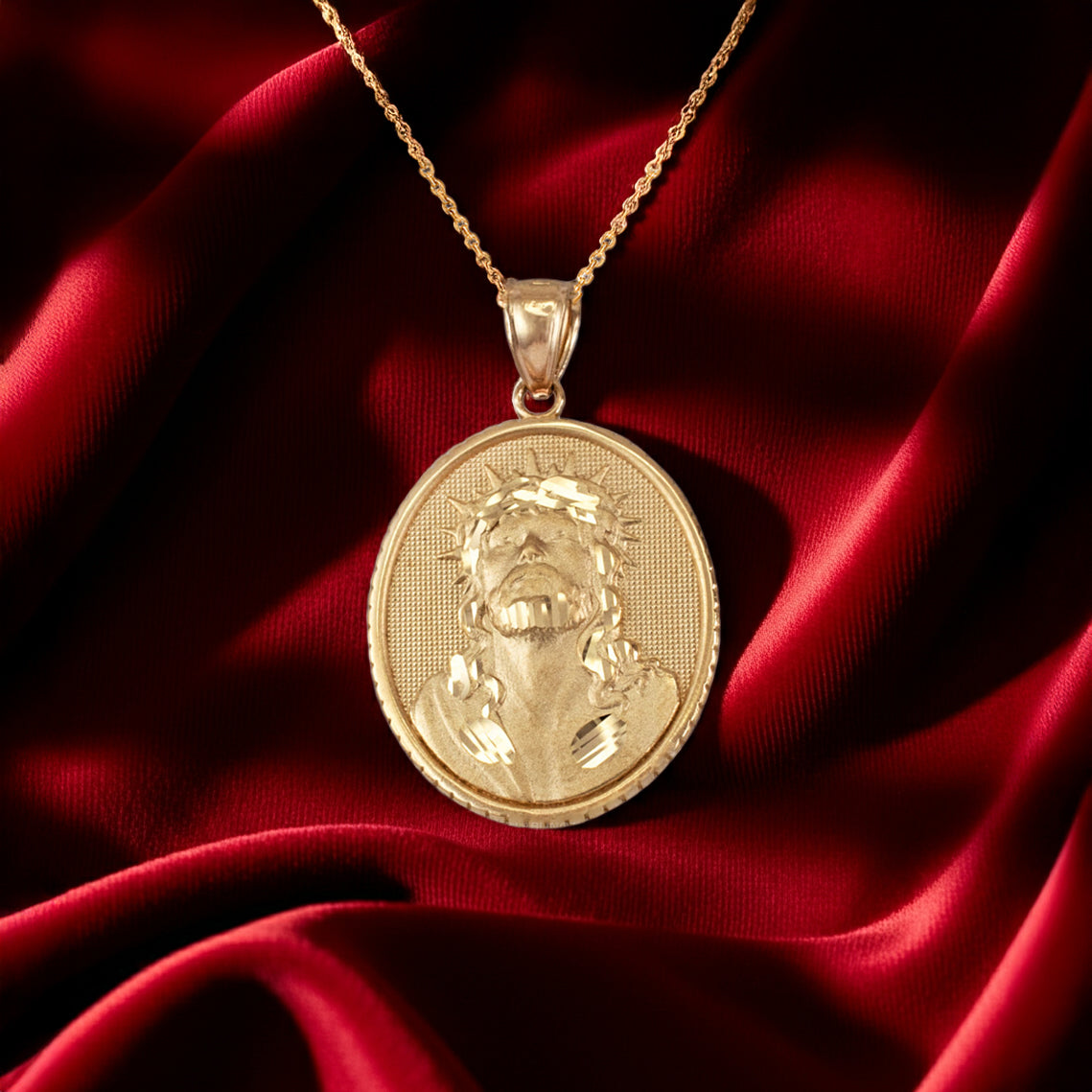 Gold Jesus Christ Oval Medallion Satin Finish DC Pendant Necklace, 10K/14K, Yellow, White, Rose