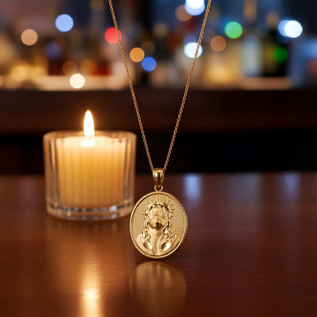 Gold Jesus Christ Oval Medallion Satin Finish DC Pendant Necklace, 10K/14K, Yellow, White, Rose