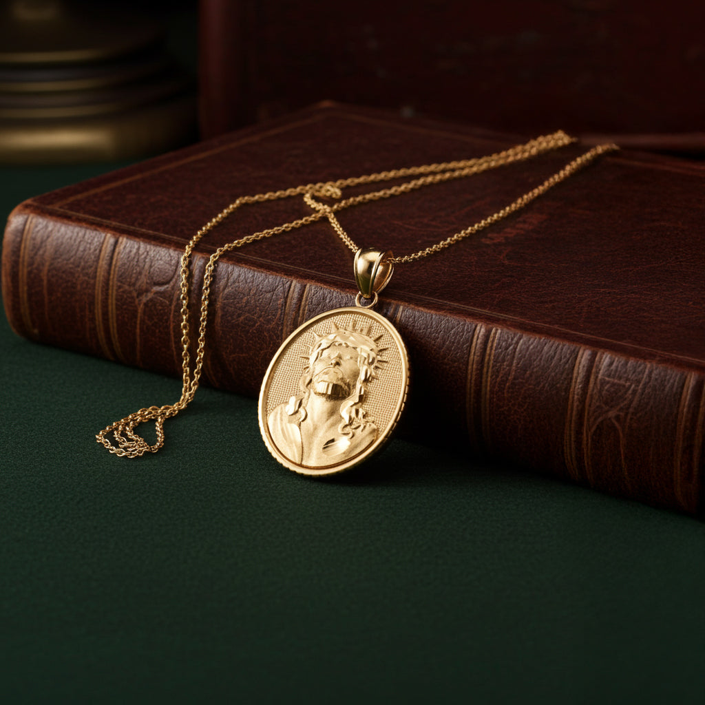 Gold Jesus Christ Oval Medallion Satin Finish DC Pendant Necklace, 10K/14K, Yellow, White, Rose