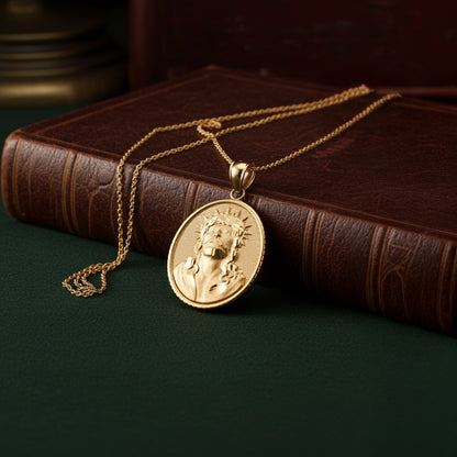 Gold Jesus Christ Oval Medallion Satin Finish DC Pendant Necklace, 10K/14K, Yellow, White, Rose