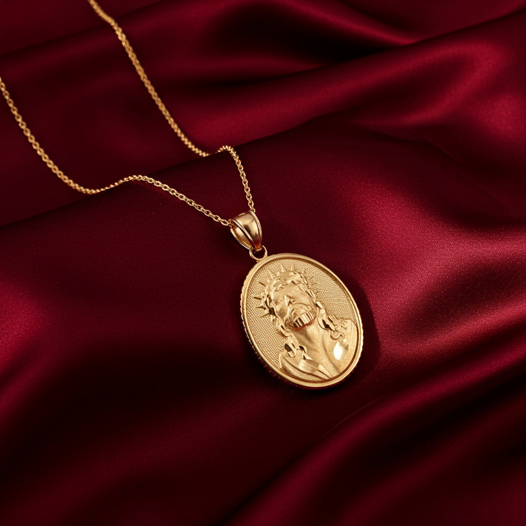 Gold Jesus Christ Oval Medallion Satin Finish DC Pendant Necklace, 10K/14K, Yellow, White, Rose