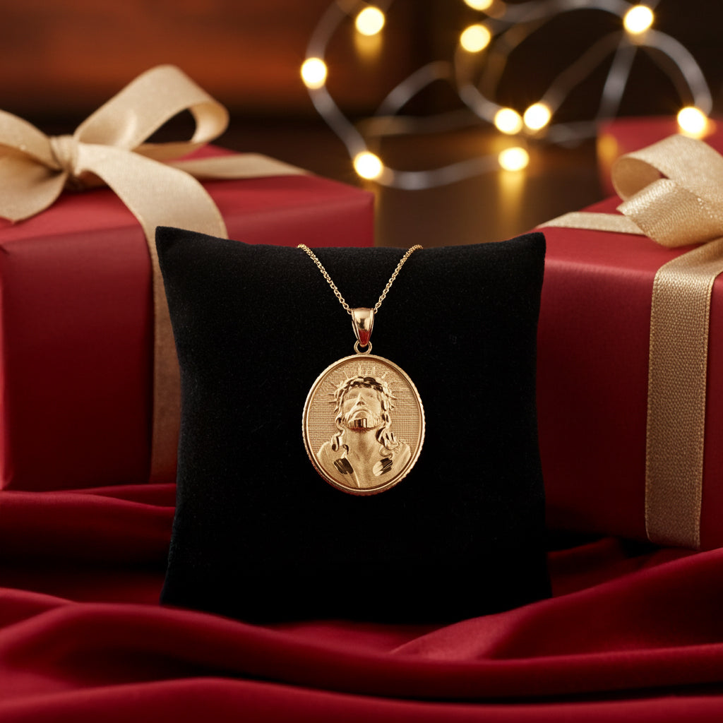 Gold Jesus Christ Oval Medallion Satin Finish DC Pendant Necklace, 10K/14K, Yellow, White, Rose