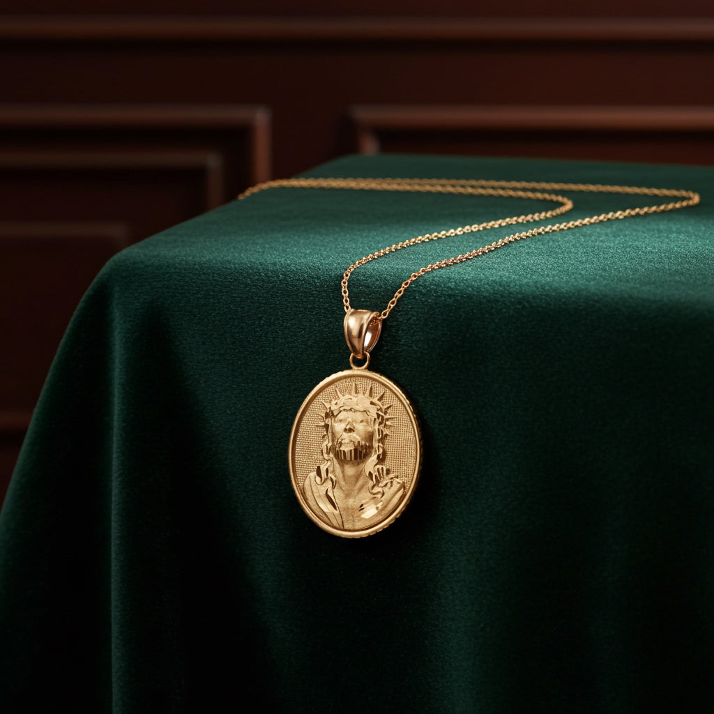 Gold Jesus Christ Oval Medallion Satin Finish DC Pendant Necklace, 10K/14K, Yellow, White, Rose