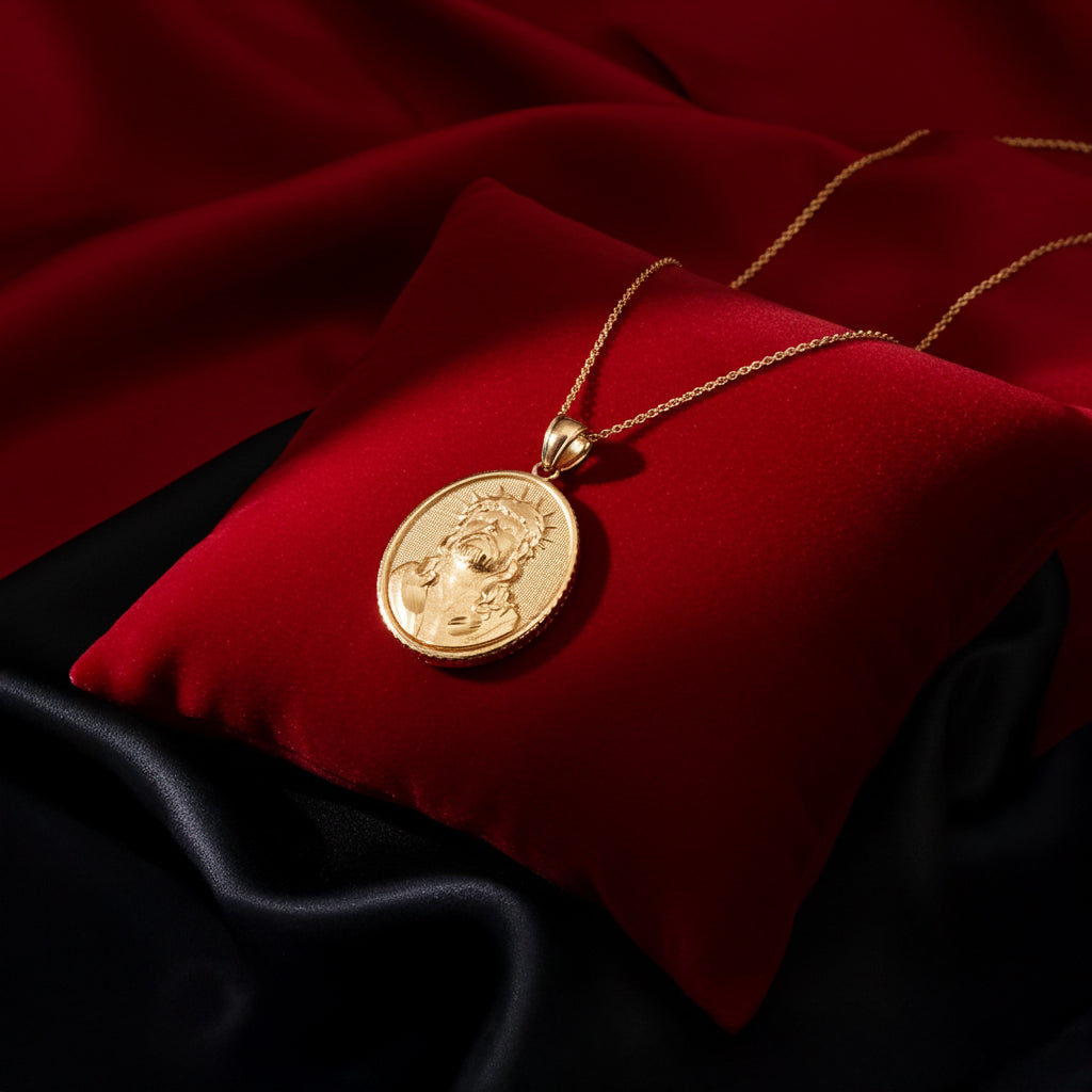 Gold Jesus Christ Oval Medallion Satin Finish DC Pendant Necklace, 10K/14K, Yellow, White, Rose