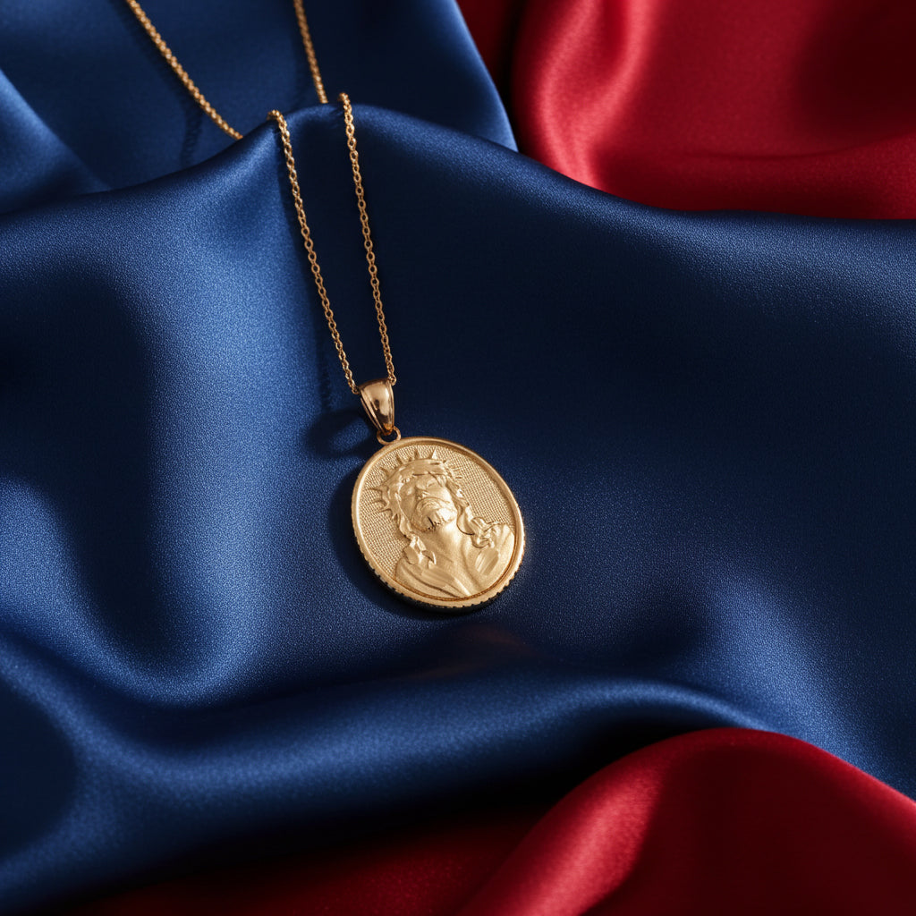 Gold Jesus Christ Oval Medallion Satin Finish DC Pendant Necklace, 10K/14K, Yellow, White, Rose