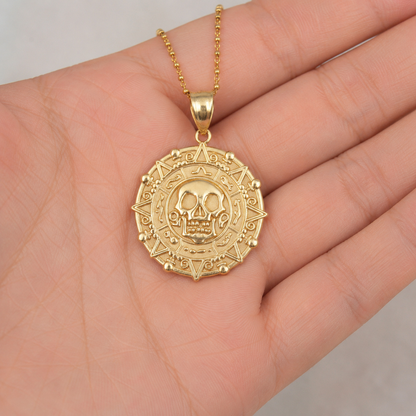 Gold Aztec Coin Pirates of The Caribbean Skull Medallion Pendant Necklace (yellow, white, rose)
