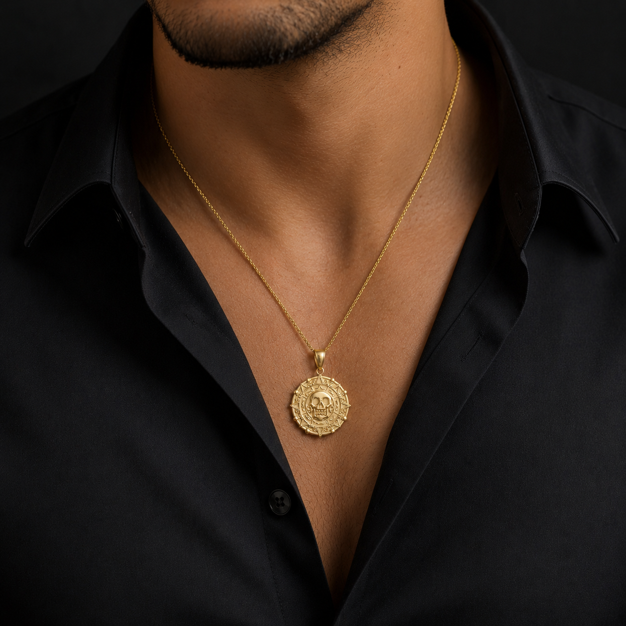 Gold Aztec Coin Pirates of The Caribbean Skull Medallion Pendant Necklace (yellow, white, rose)