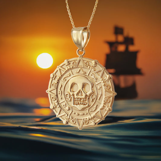 Gold Aztec Coin Pirates of The Caribbean Skull Medallion Pendant Necklace (yellow, white, rose)