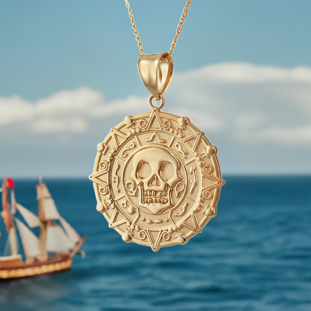Gold Aztec Coin Pirates of The Caribbean Skull Medallion Pendant Necklace (yellow, white, rose)
