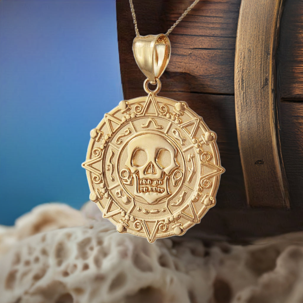 Gold Aztec Coin Pirates of The Caribbean Skull Medallion Pendant Necklace (yellow, white, rose)