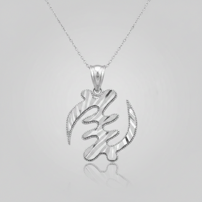 A silver pendant necklace featuring an abstract, flowing calligraphic design with textured polished and beaded edges, suspended from a delicate silver chain against a light gray gradient background.