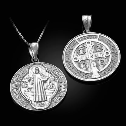 Gold St. Benedict Reversible Medal Cross Pendant Necklace (yellow, white, 2-tone, rose gold, 10k, 14k,)