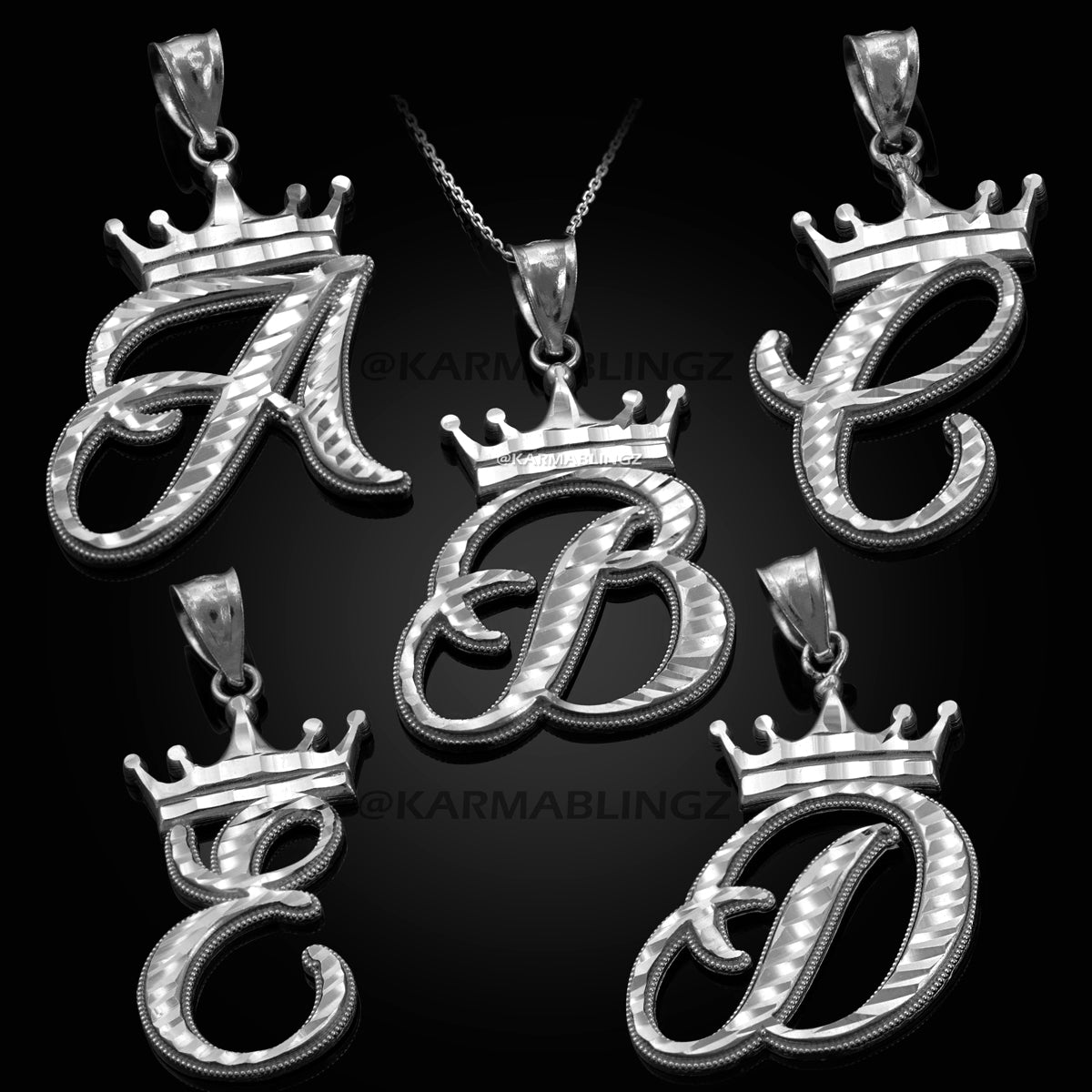 Sterling Silver Cursive Letter Initial Diamond-Cut Crown Pendant Necklace Karma Blingz