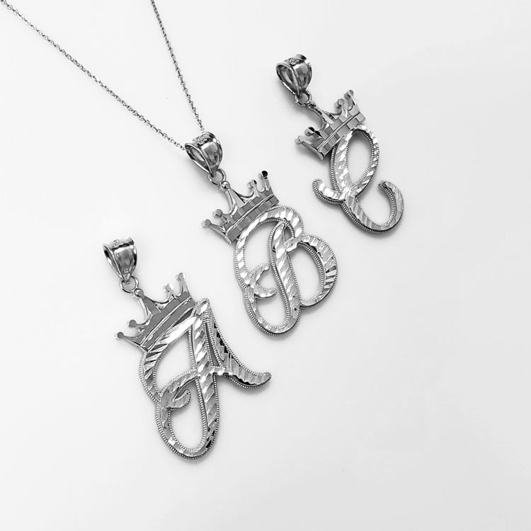 Sterling Silver Cursive Letter Initial Diamond-Cut Crown Pendant Necklace Karma Blingz