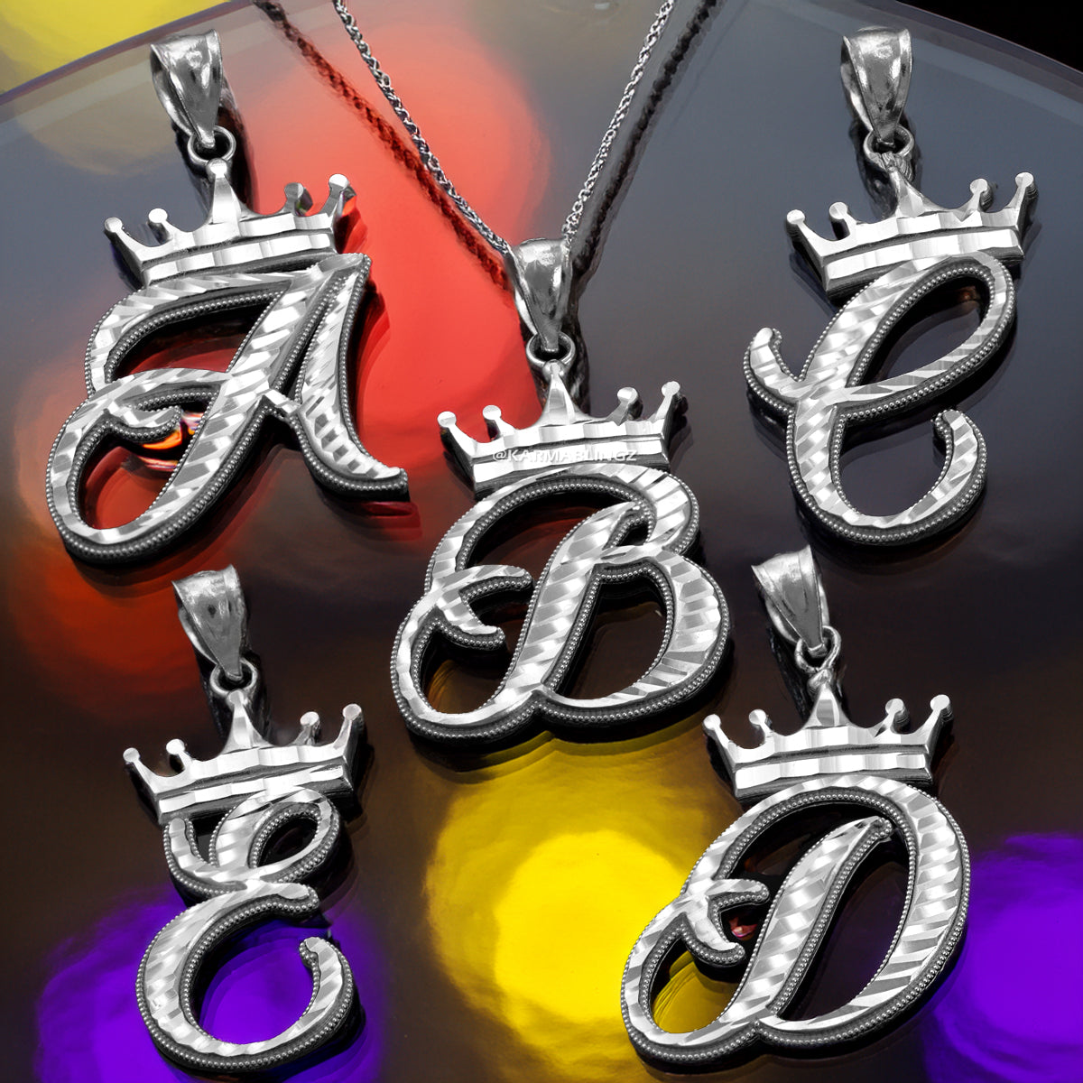 Sterling Silver Cursive Letter Initial Diamond-Cut Crown Pendant Necklace Karma Blingz