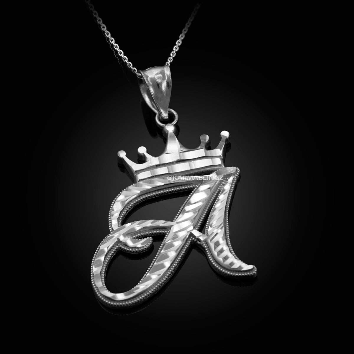 Sterling Silver Cursive Letter Initial Diamond-Cut Crown Pendant Necklace Karma Blingz