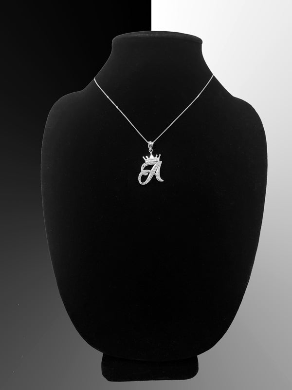 Sterling Silver Cursive Letter Initial Diamond-Cut Crown Pendant Necklace Karma Blingz