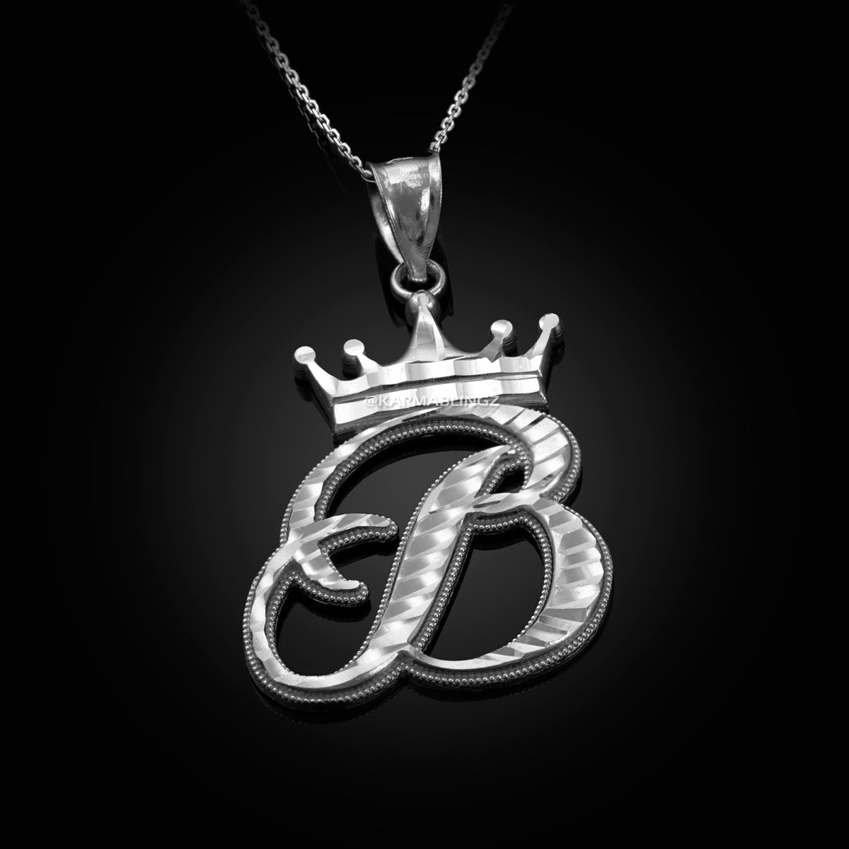Sterling Silver Cursive Letter Initial Diamond-Cut Crown Pendant Necklace Karma Blingz