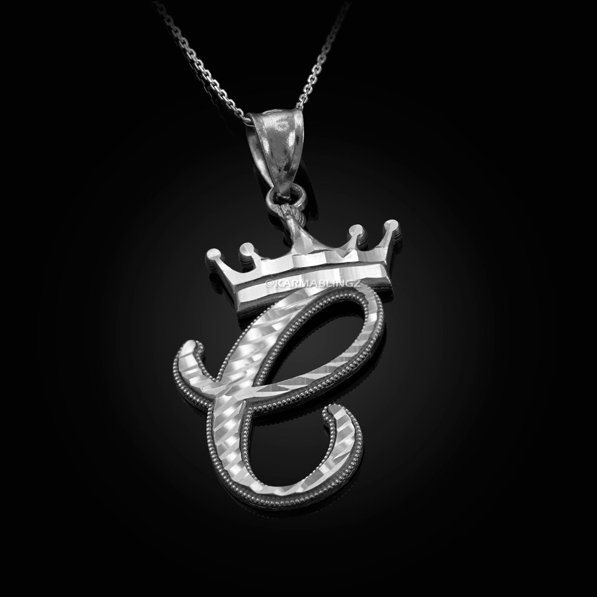 Sterling Silver Cursive Letter Initial Diamond-Cut Crown Pendant Necklace Karma Blingz