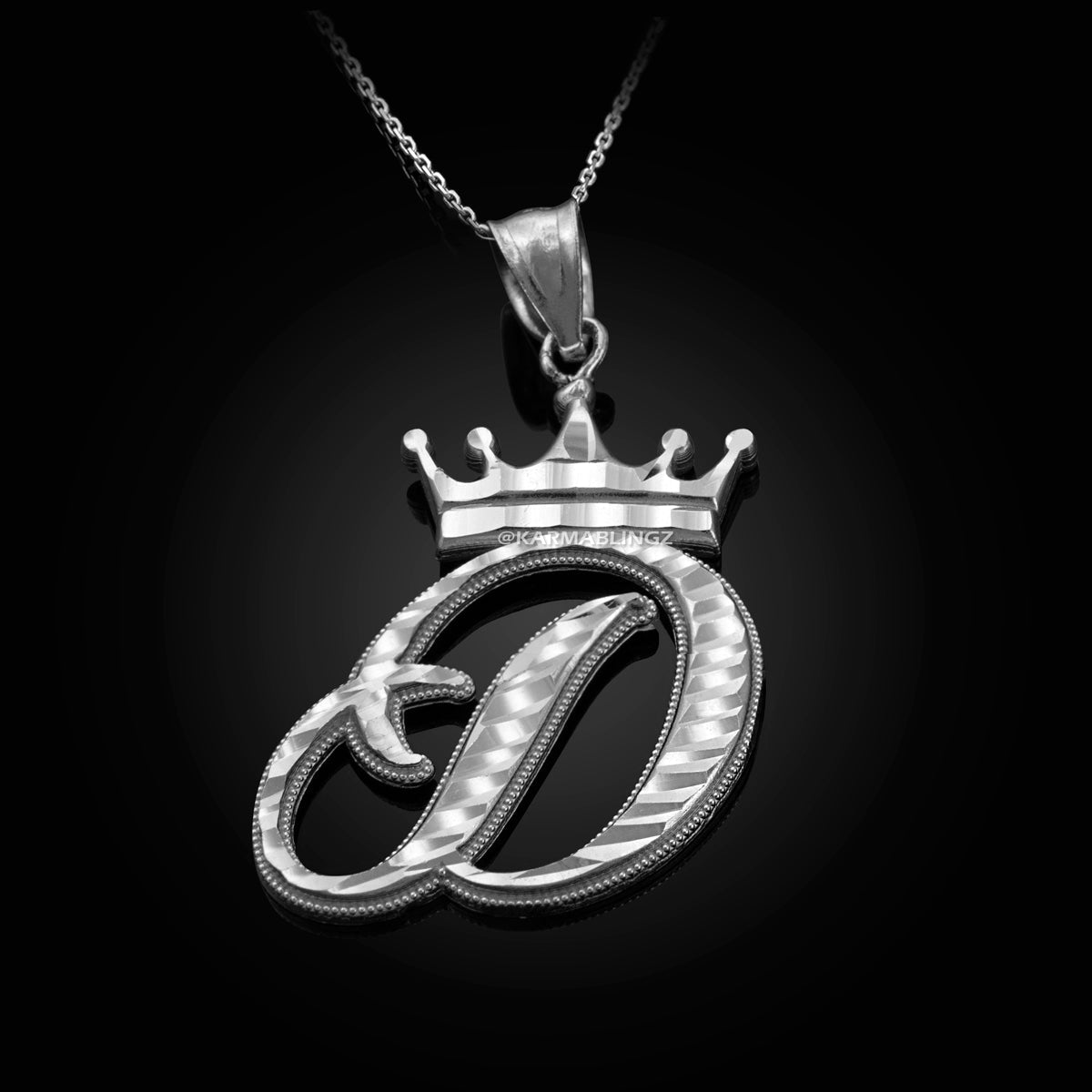 Sterling Silver Cursive Letter Initial Diamond-Cut Crown Pendant Necklace Karma Blingz