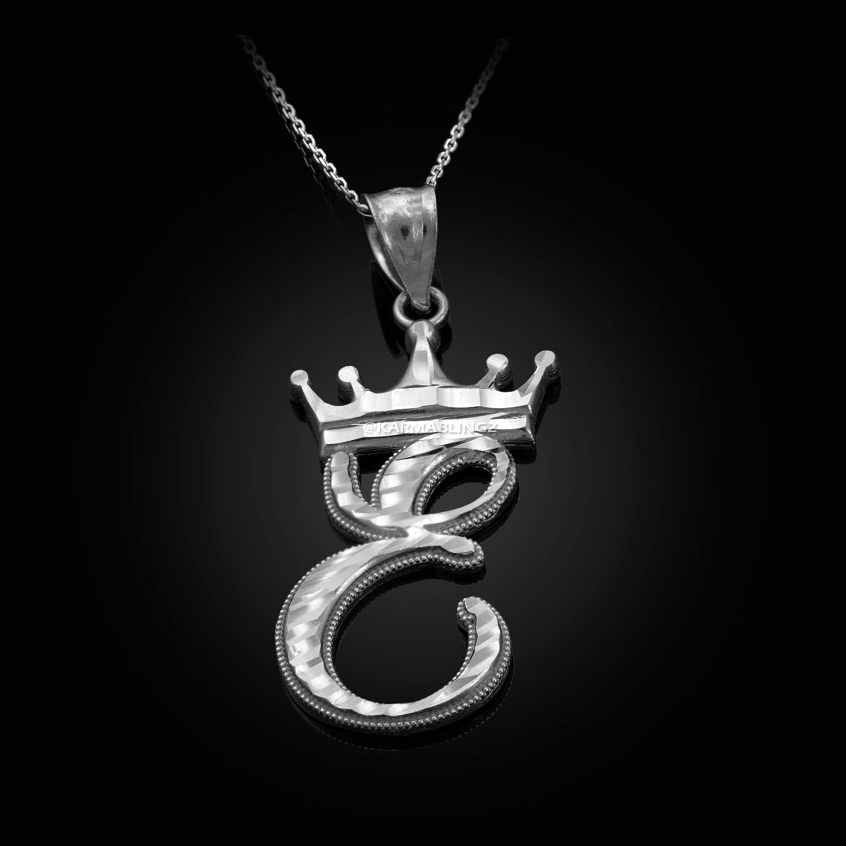 Sterling Silver Cursive Letter Initial Diamond-Cut Crown Pendant Necklace Karma Blingz