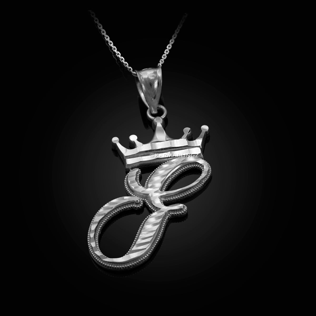 Sterling Silver Cursive Letter Initial Diamond-Cut Crown Pendant Necklace Karma Blingz