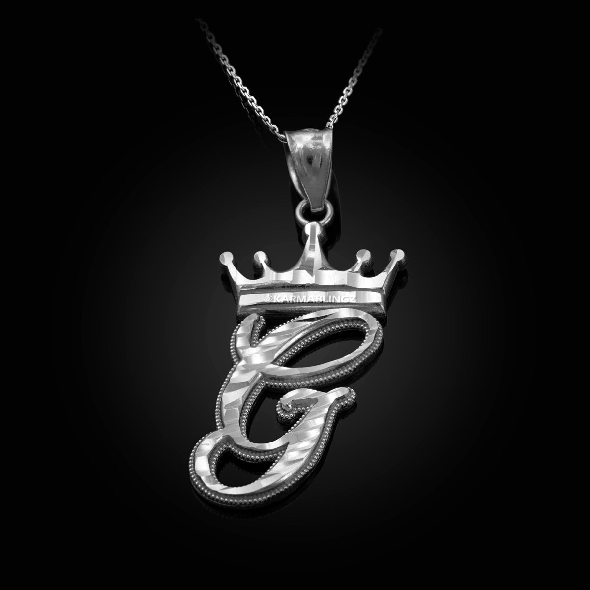 Sterling Silver Cursive Letter Initial Diamond-Cut Crown Pendant Necklace Karma Blingz
