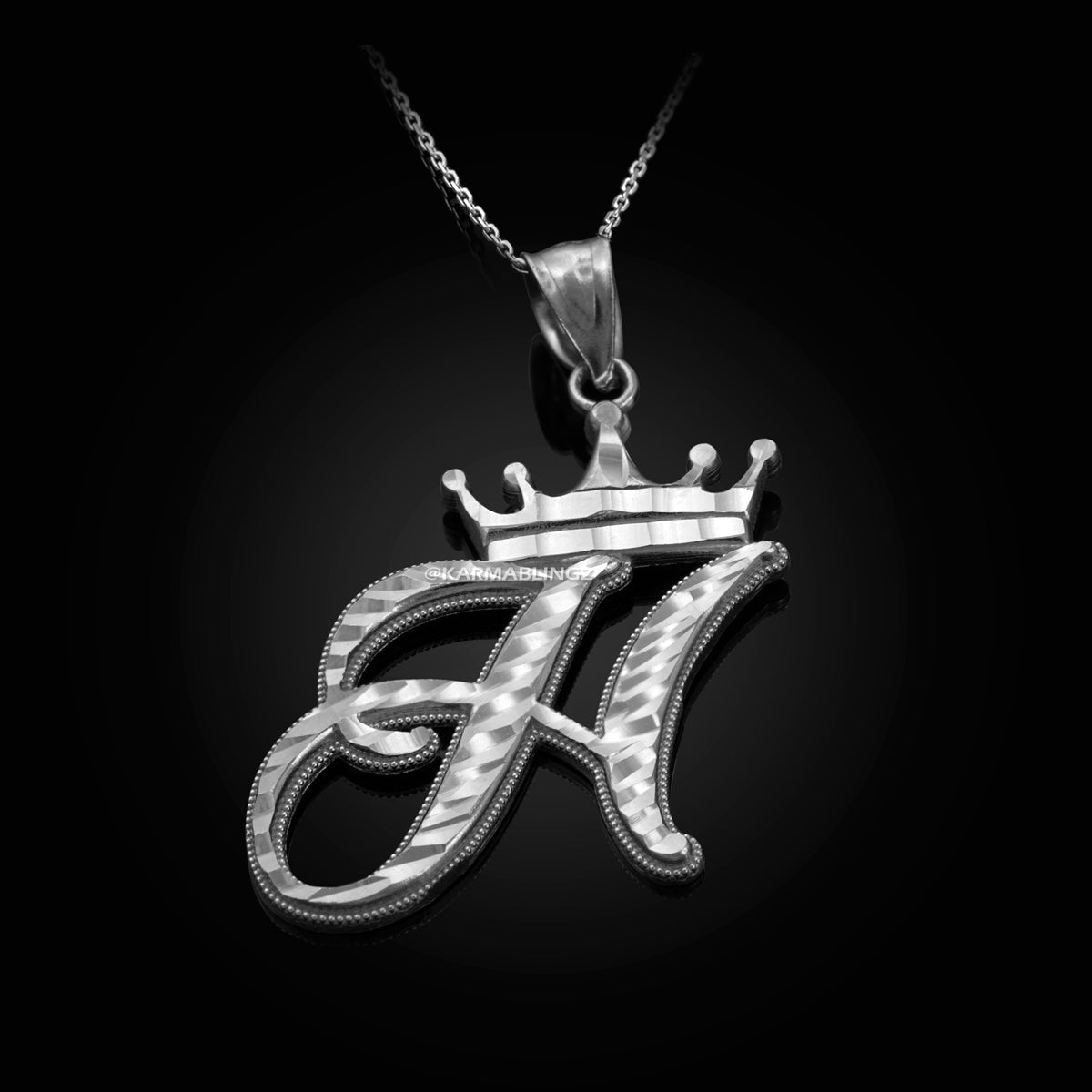 Sterling Silver Cursive Letter Initial Diamond-Cut Crown Pendant Necklace Karma Blingz