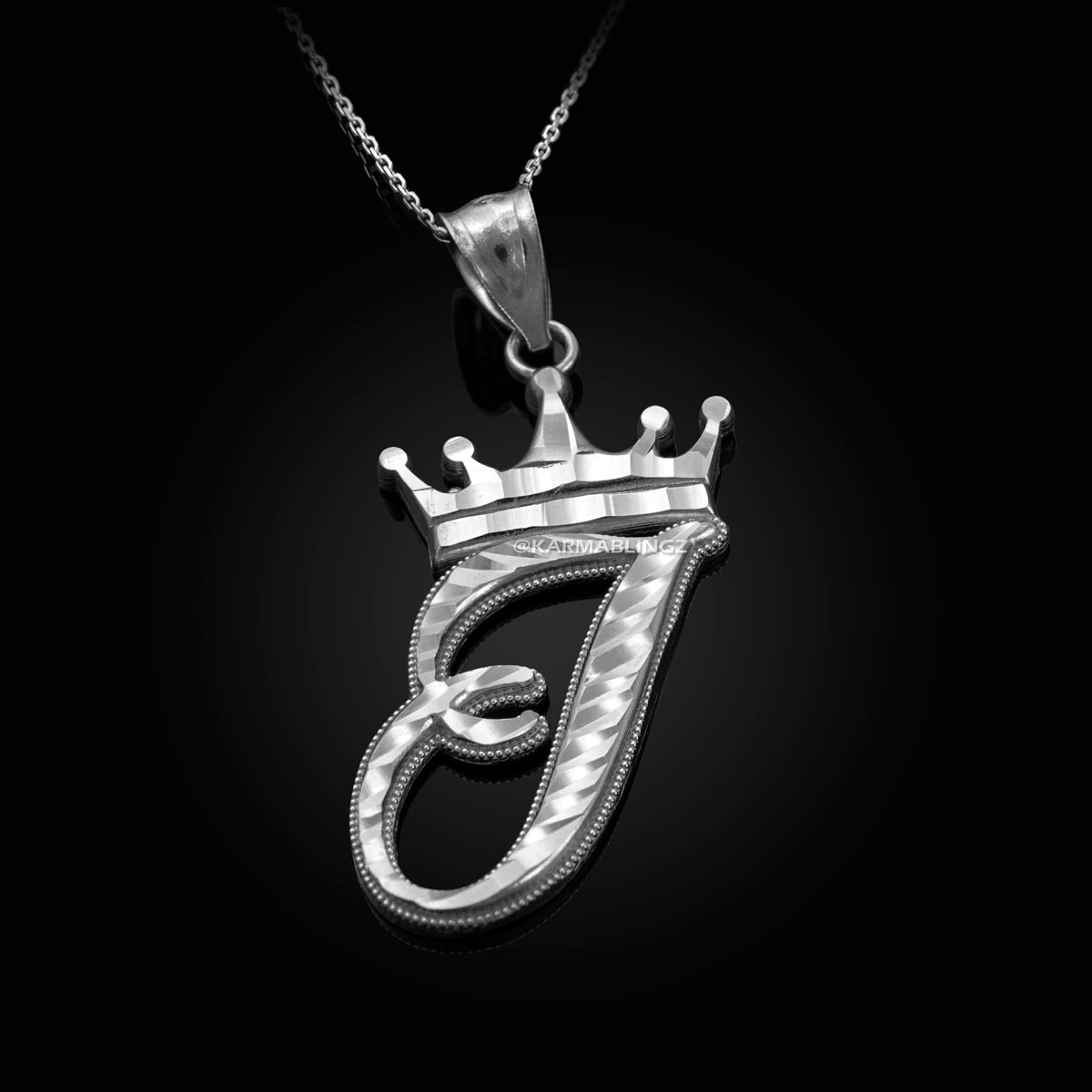 Sterling Silver Cursive Letter Initial Diamond-Cut Crown Pendant Necklace Karma Blingz