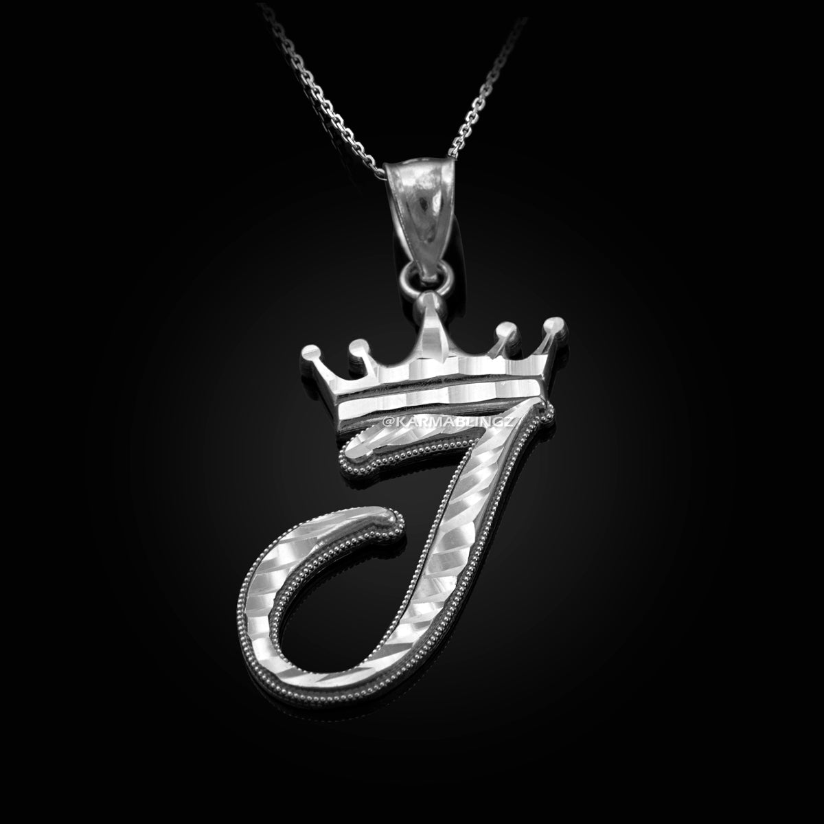 Sterling Silver Cursive Letter Initial Diamond-Cut Crown Pendant Necklace Karma Blingz