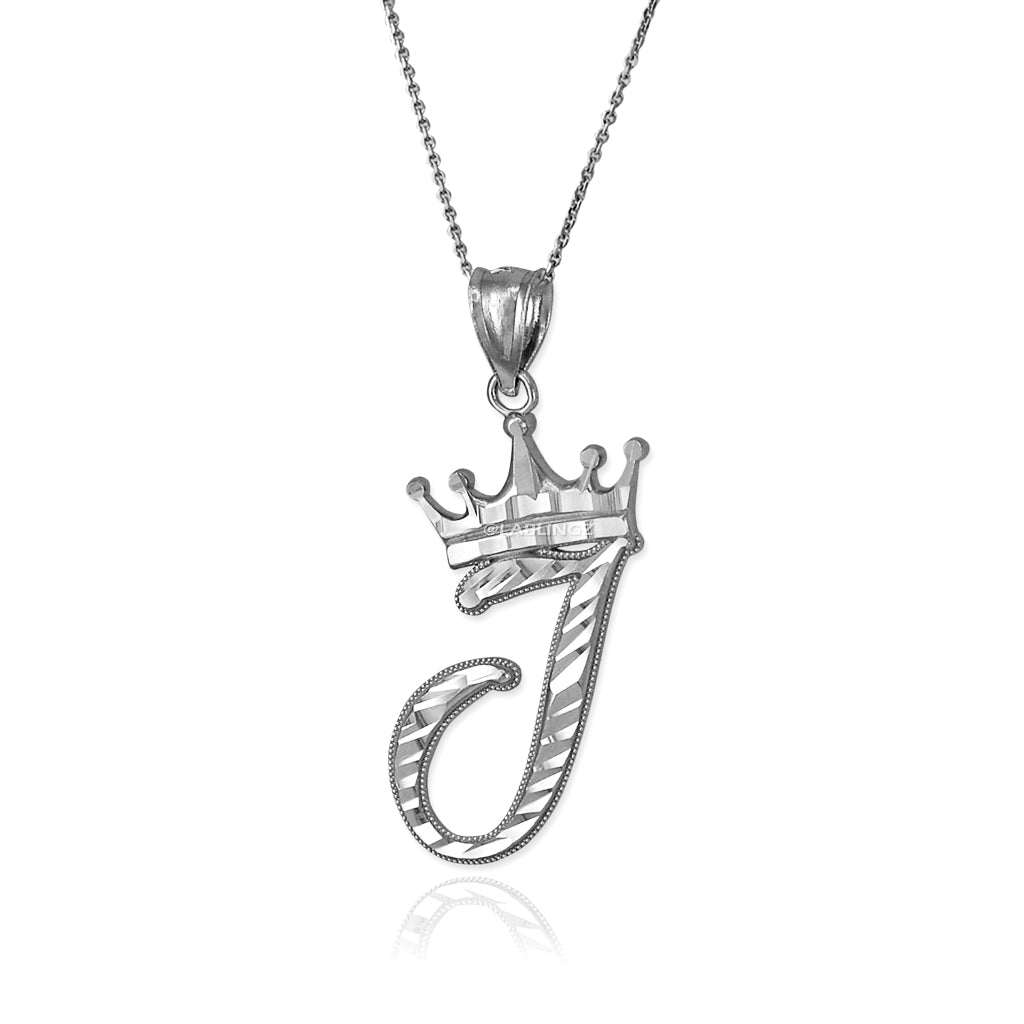 Sterling Silver Cursive Letter Initial Diamond-Cut Crown Pendant Necklace Karma Blingz