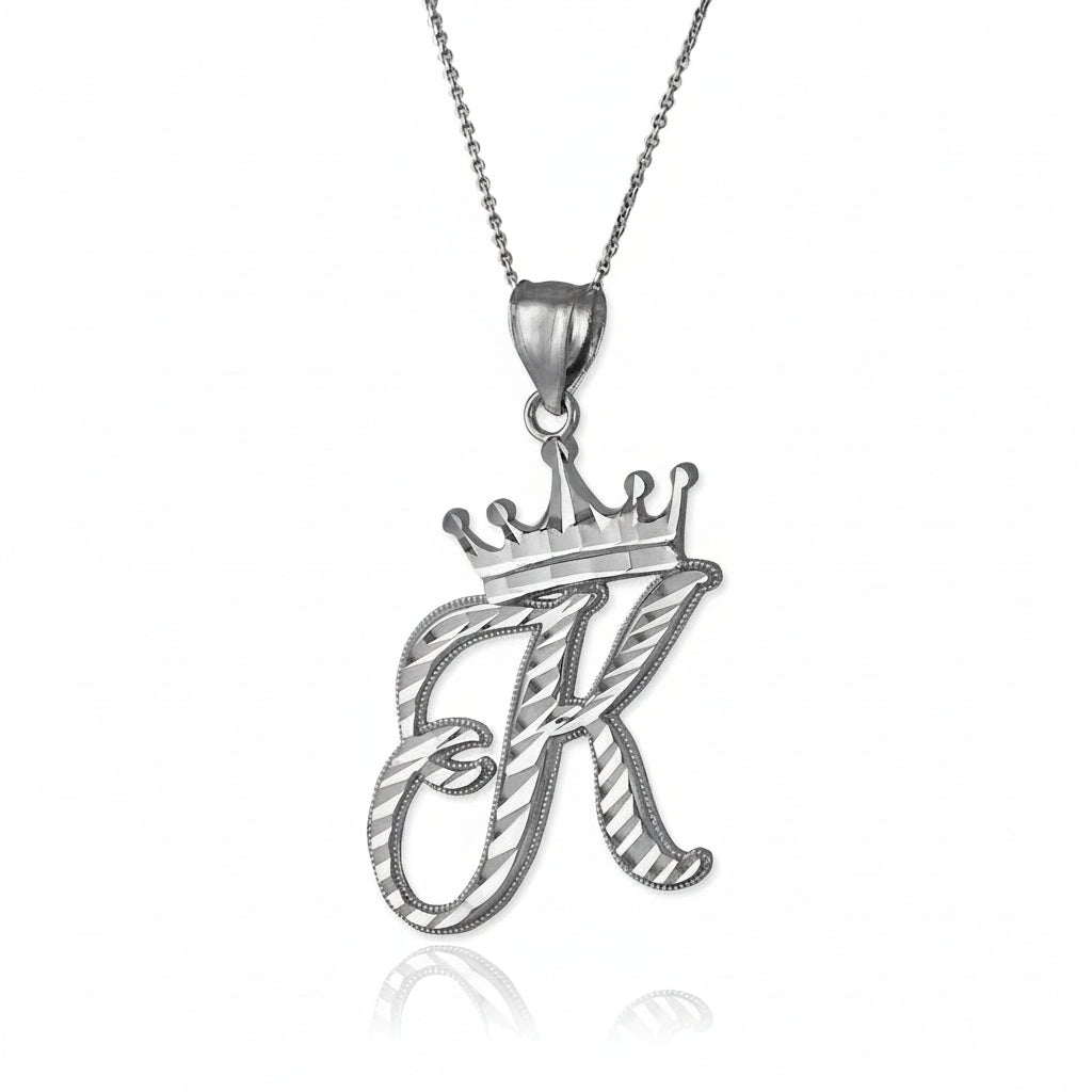Sterling Silver Cursive Letter Initial Diamond-Cut Crown Pendant Necklace Karma Blingz