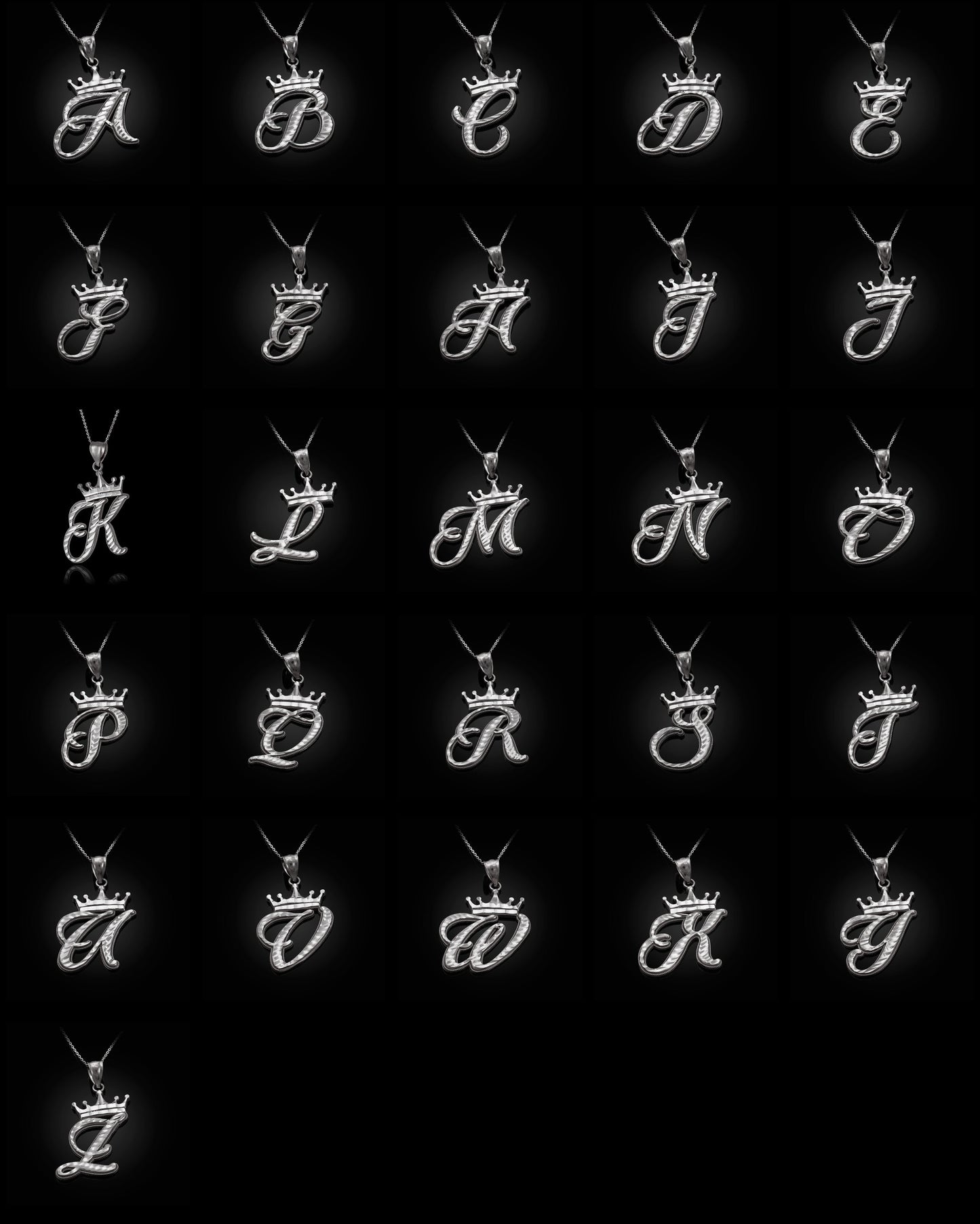 Sterling Silver Cursive Letter Initial Diamond-Cut Crown Pendant Necklace Karma Blingz