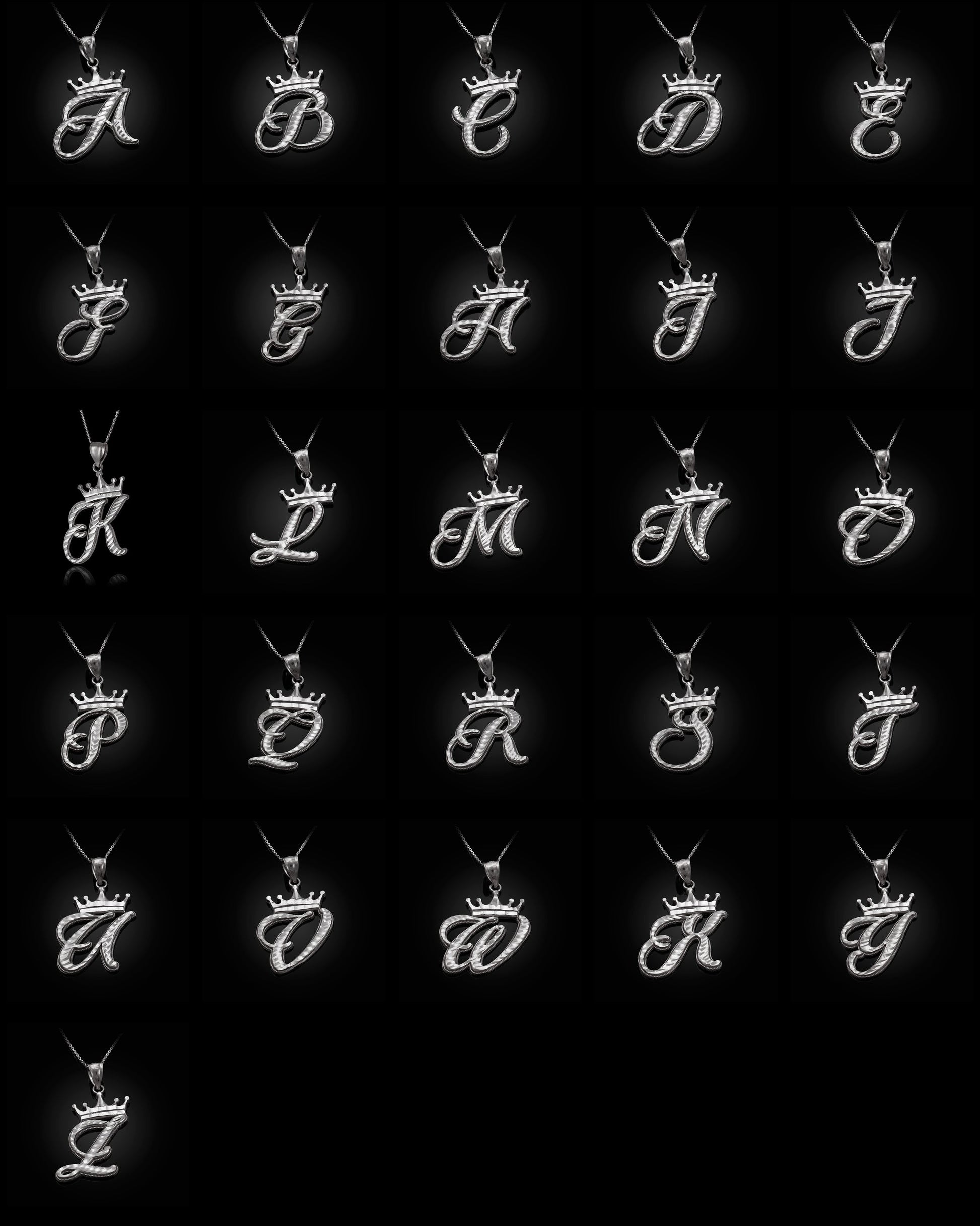 Sterling Silver Cursive Letter Initial Diamond-Cut Crown Pendant Necklace Karma Blingz