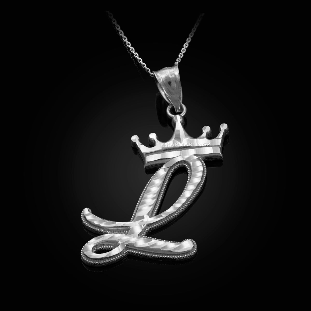 Sterling Silver Cursive Letter Initial Diamond-Cut Crown Pendant Necklace Karma Blingz