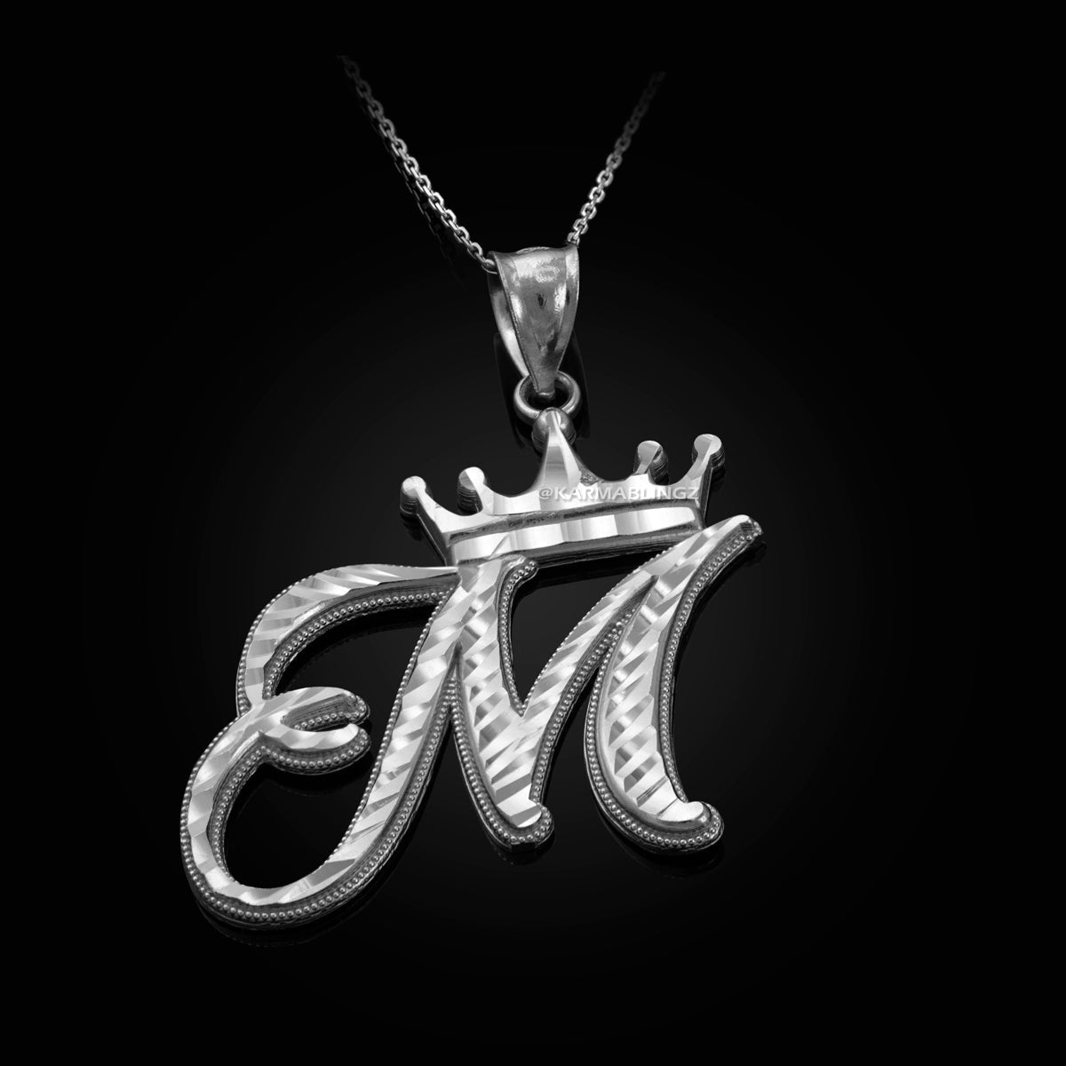 Sterling Silver Cursive Letter Initial Diamond-Cut Crown Pendant Necklace Karma Blingz