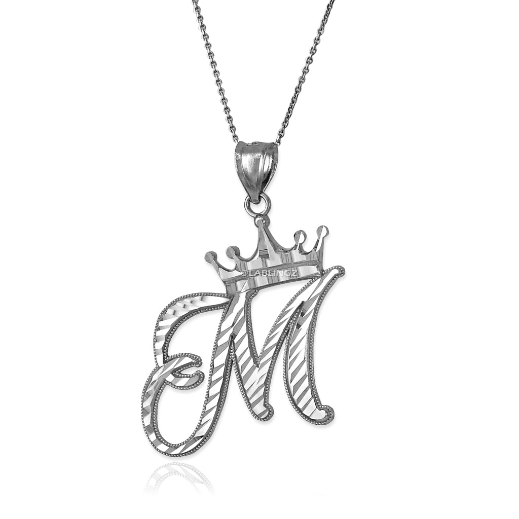 Sterling Silver Cursive Letter Initial Diamond-Cut Crown Pendant Necklace Karma Blingz