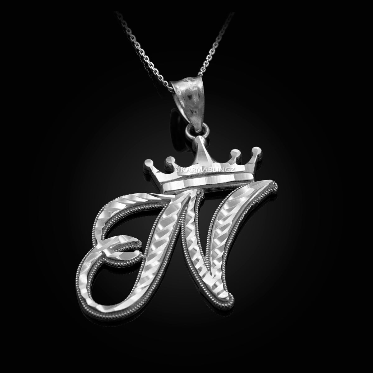 Sterling Silver Cursive Letter Initial Diamond-Cut Crown Pendant Necklace Karma Blingz
