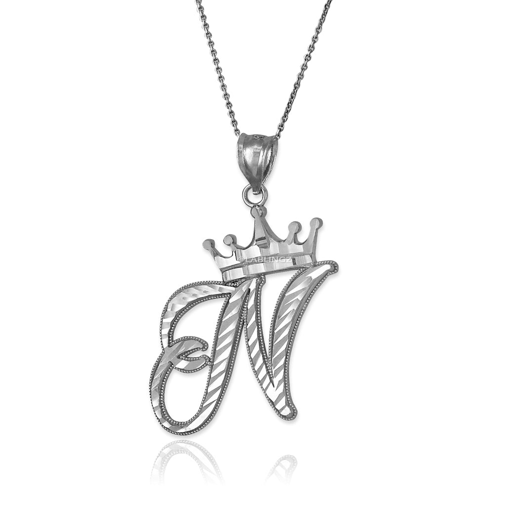 Sterling Silver Cursive Letter Initial Diamond-Cut Crown Pendant Necklace Karma Blingz