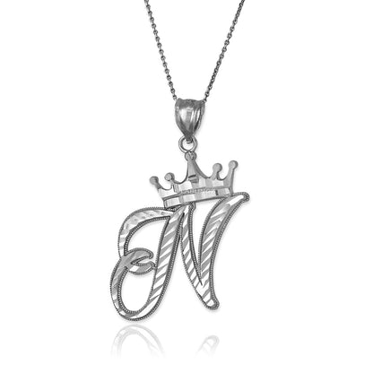 Sterling Silver Cursive Letter Initial Diamond-Cut Crown Pendant Necklace Karma Blingz