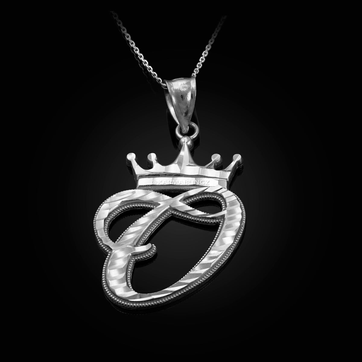 Sterling Silver Cursive Letter Initial Diamond-Cut Crown Pendant Necklace Karma Blingz