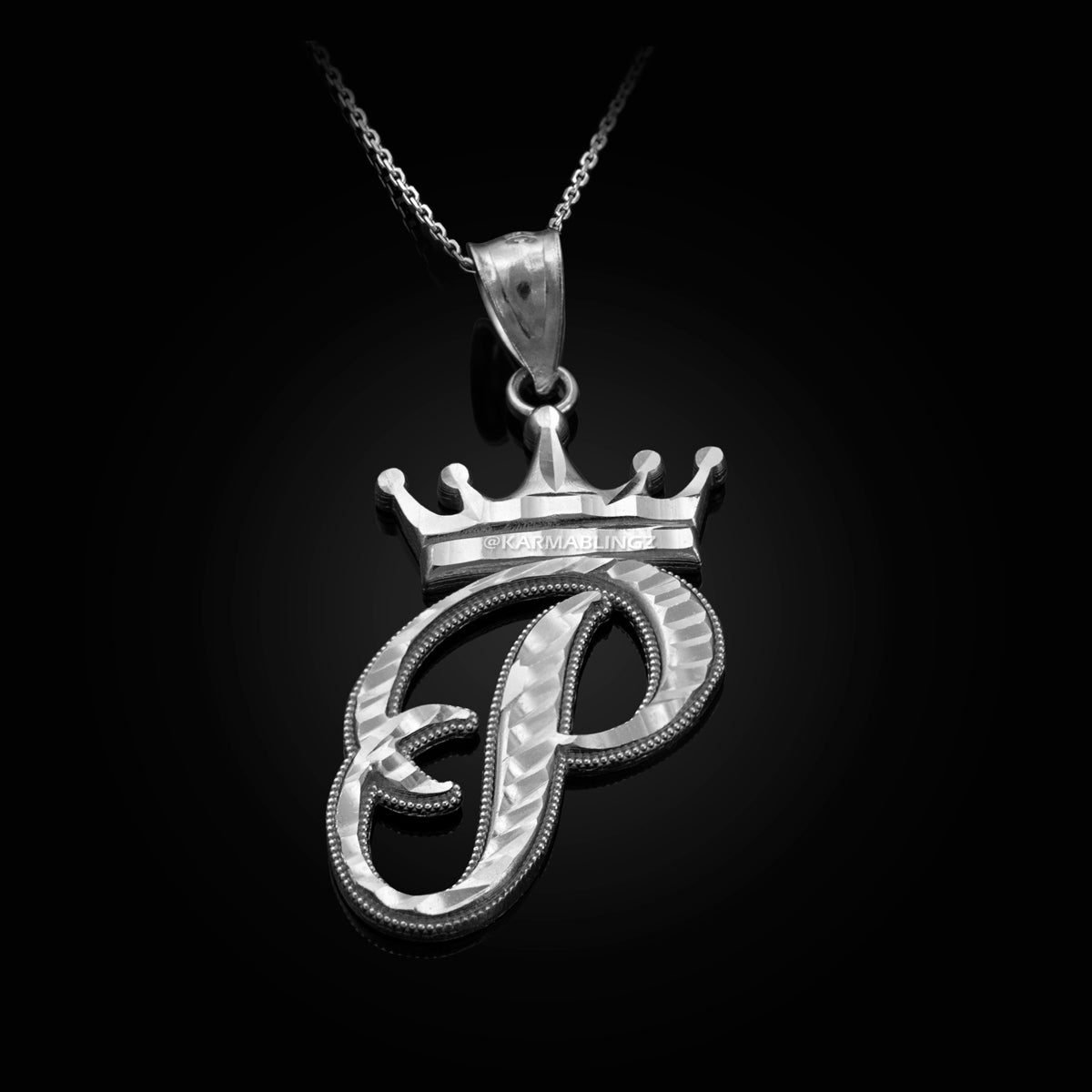 Sterling Silver Cursive Letter Initial Diamond-Cut Crown Pendant Necklace Karma Blingz