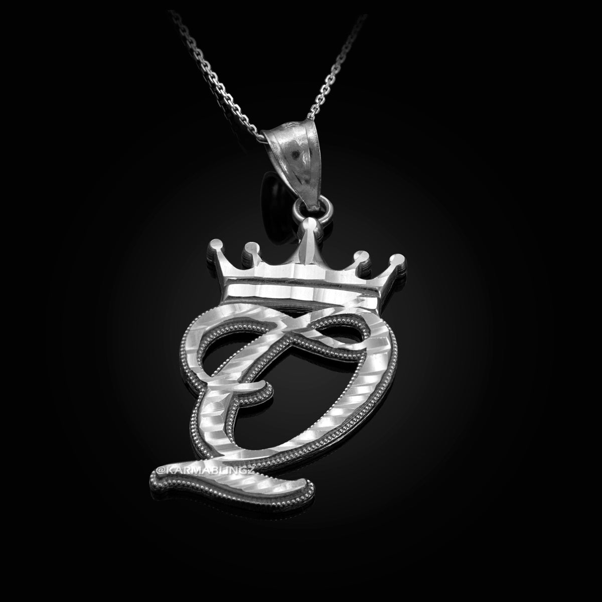 Sterling Silver Cursive Letter Initial Diamond-Cut Crown Pendant Necklace Karma Blingz