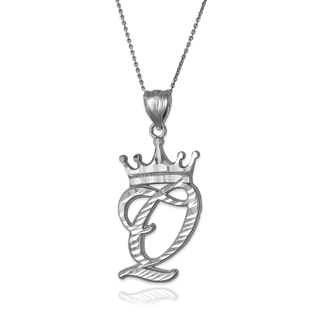 Sterling Silver Cursive Letter Initial Diamond-Cut Crown Pendant Necklace Karma Blingz