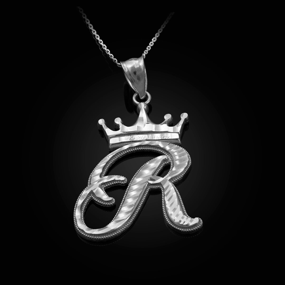 Sterling Silver Cursive Letter Initial Diamond-Cut Crown Pendant Necklace Karma Blingz