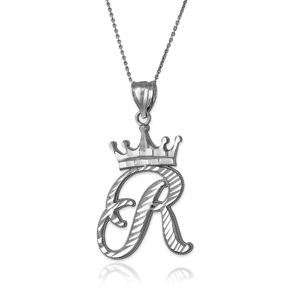 Sterling Silver Cursive Letter Initial Diamond-Cut Crown Pendant Necklace Karma Blingz