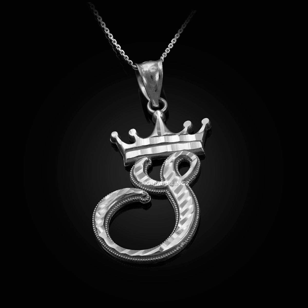 Sterling Silver Cursive Letter Initial Diamond-Cut Crown Pendant Necklace Karma Blingz