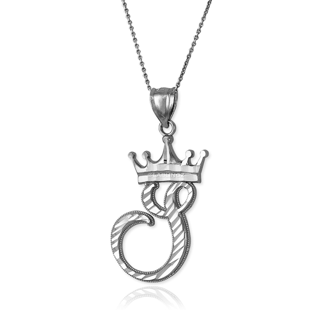 Sterling Silver Cursive Letter Initial Diamond-Cut Crown Pendant Necklace Karma Blingz