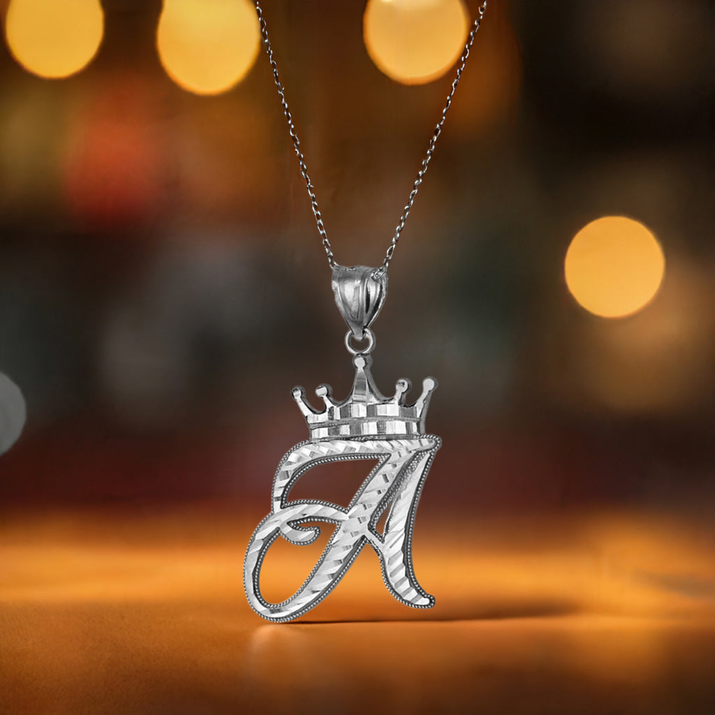 Sterling Silver Cursive Letter Initial Diamond-Cut Crown Pendant Necklace Karma Blingz